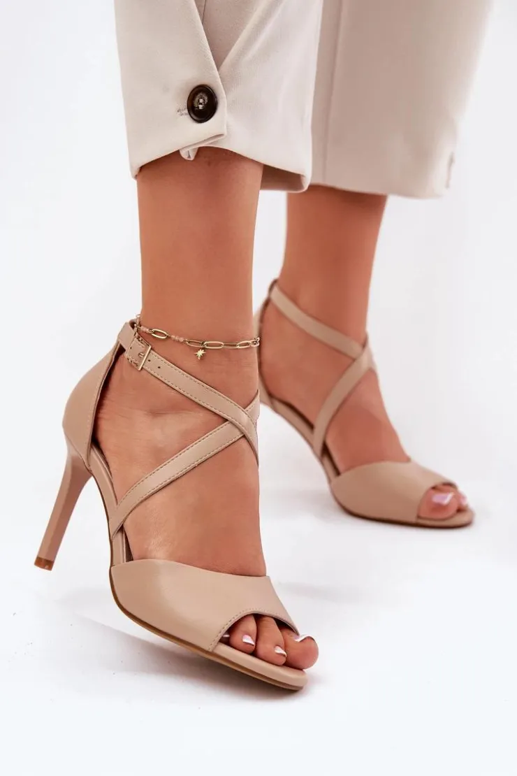 Buty Sergio Leone Sandały Na Obcasie*Sandały Z Przeplatającymi Się Paskami Na Szpilce Sergio Leone SK432 Ciemnobeżowe Beżowy