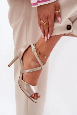 Damskie Buty Sergio Leone Sandały Z Przeplatającymi Się Paskami Na Szpilce Sergio Leone SK432 Złote Satynowe