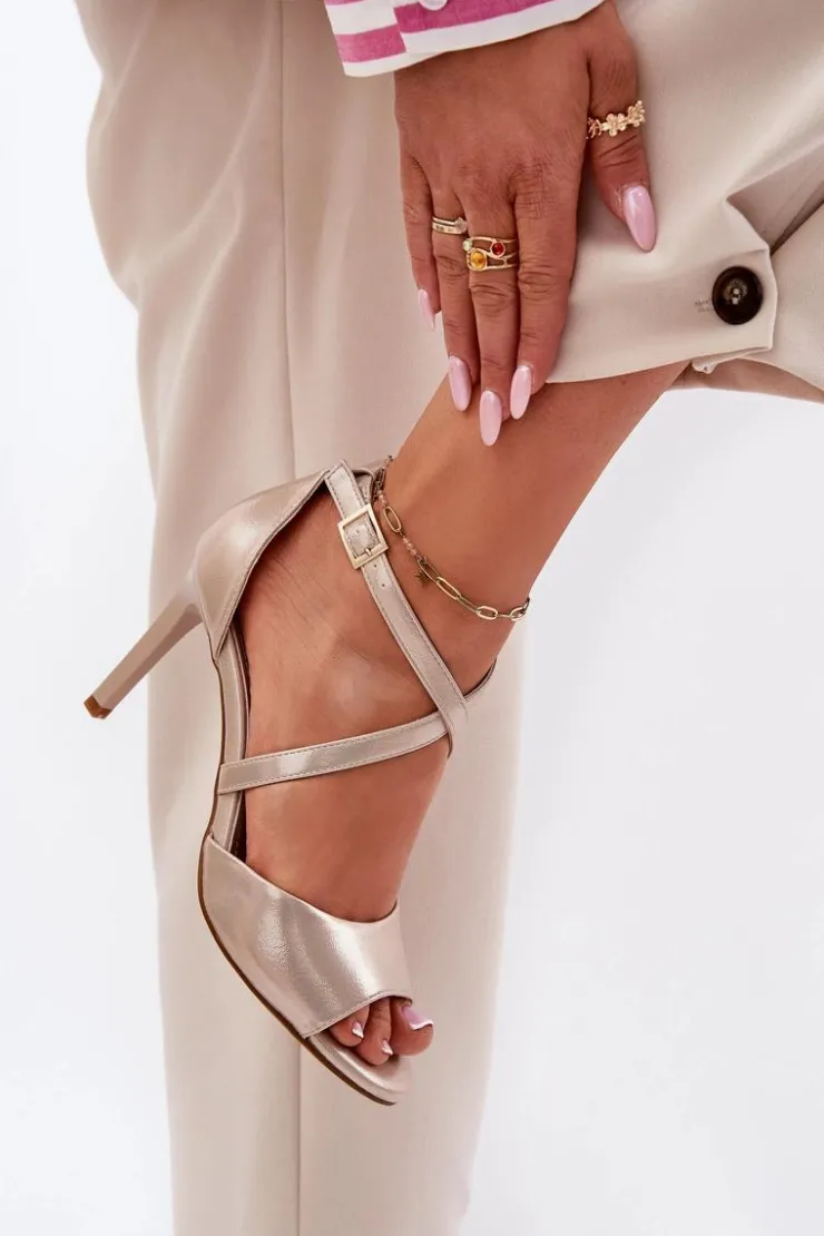 Damskie Buty Sergio Leone Sandały Z Przeplatającymi Się Paskami Na Szpilce Sergio Leone SK432 Złote Satynowe