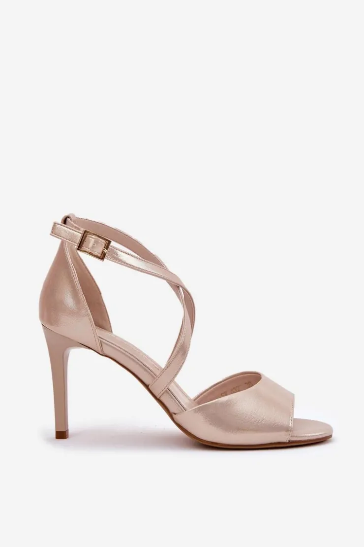 Damskie Buty Sergio Leone Sandały Z Przeplatającymi Się Paskami Na Szpilce Sergio Leone SK432 Złote Satynowe