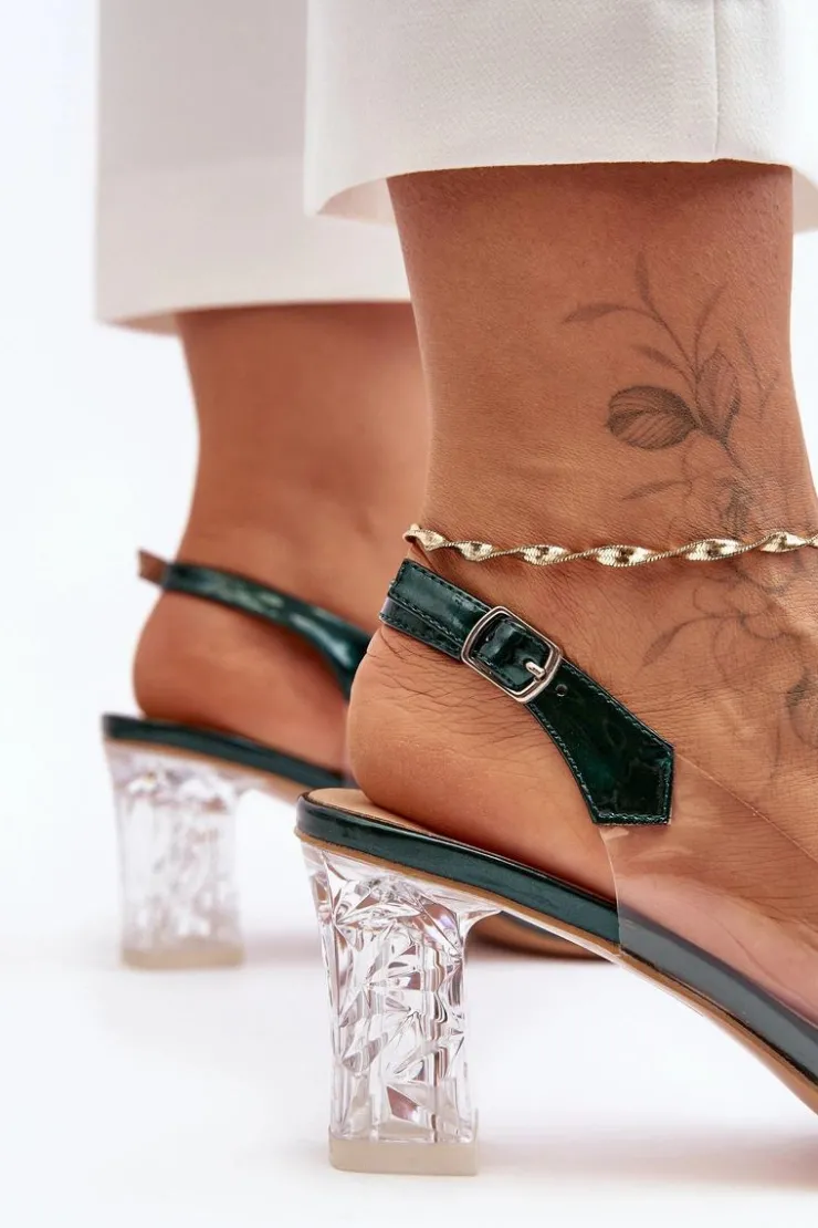 Damskie Damskie buty S.Barski Sandały Zdobione Na Obcasie Ciemnozielone S.Barski MR1037-16