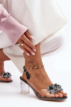 Damskie Damskie buty S.Barski Sandały Zdobione Na Obcasie Ciemnozielone S.Barski MR1037-16