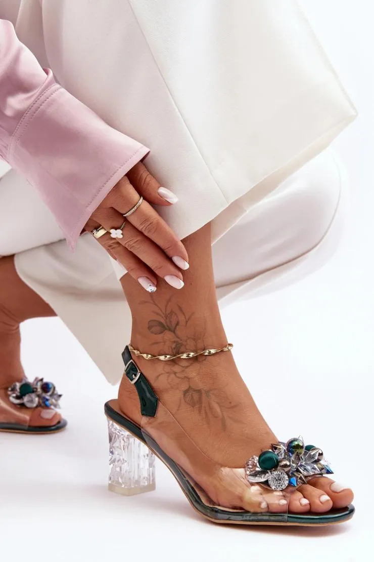 Damskie Damskie buty S.Barski Sandały Zdobione Na Obcasie Ciemnozielone S.Barski MR1037-16