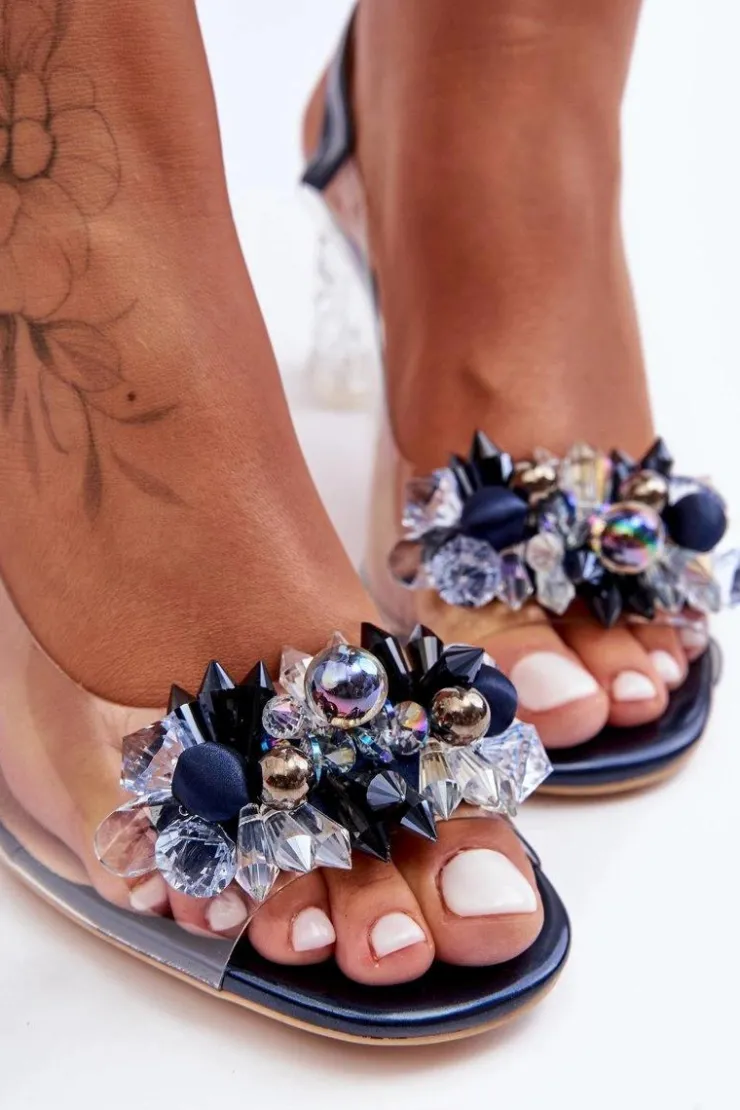 Damskie buty S.Barski Sandały Na Obcasie*Sandały Zdobione Na Obcasie Granatowe S.Barski MR1037-16