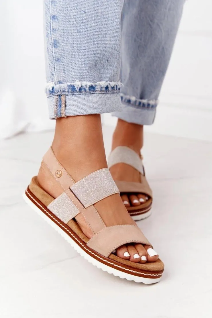 Evento Sandały Płaskie*Sandały Ze Srebrnym Ściągaczem Beżowe Almeria