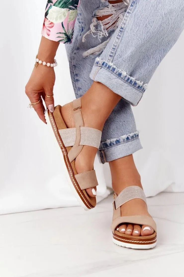 Evento Sandały Płaskie*Sandały Ze Srebrnym Ściągaczem Beżowe Almeria