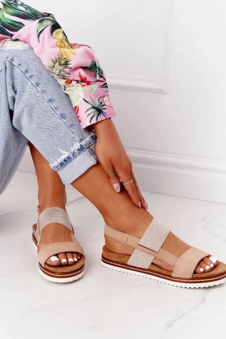 Evento Sandały Płaskie*Sandały Ze Srebrnym Ściągaczem Beżowe Almeria