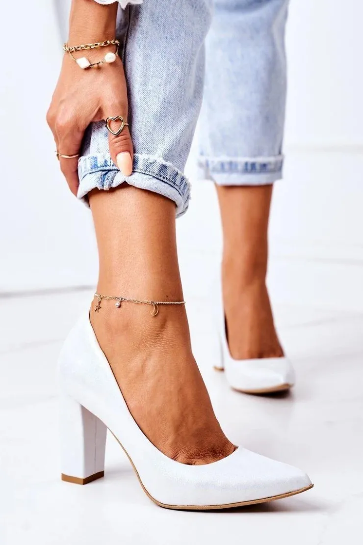 Boto Czółenka Na Słupku*Satynowe Czółenka Lewski Shoes 2453 Srebrne