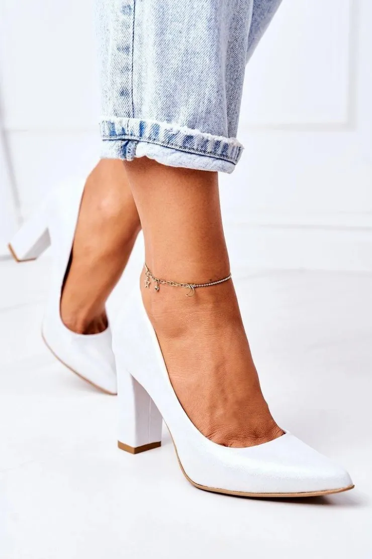 Boto Czółenka Na Słupku*Satynowe Czółenka Lewski Shoes 2453 Srebrne