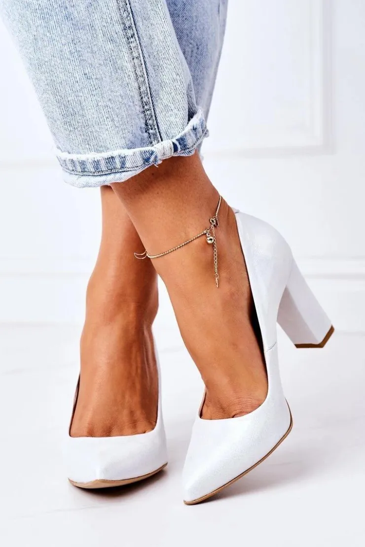 Boto Czółenka Na Słupku*Satynowe Czółenka Lewski Shoes 2453 Srebrne