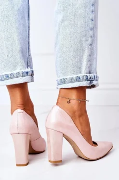 Damskie Boto Satynowe Czółenka Lewski Shoes 2453 Różowe