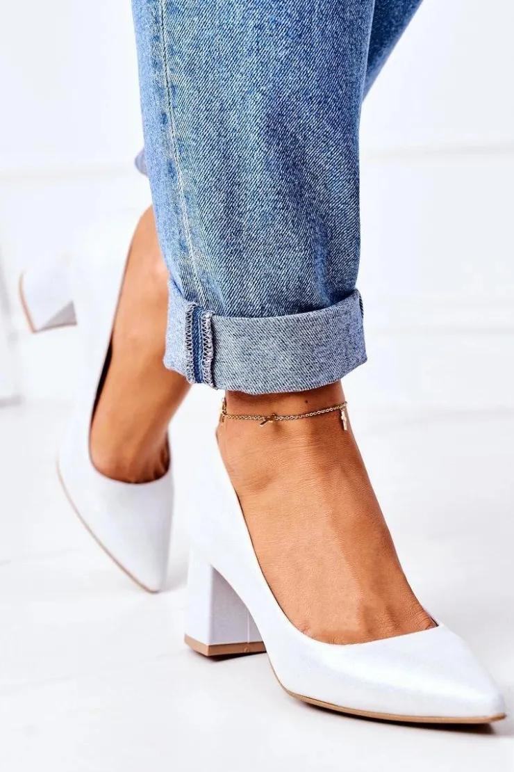 Boto Czółenka Na Słupku*Satynowe Czółenka Lewski Shoes 2801 Srebrne