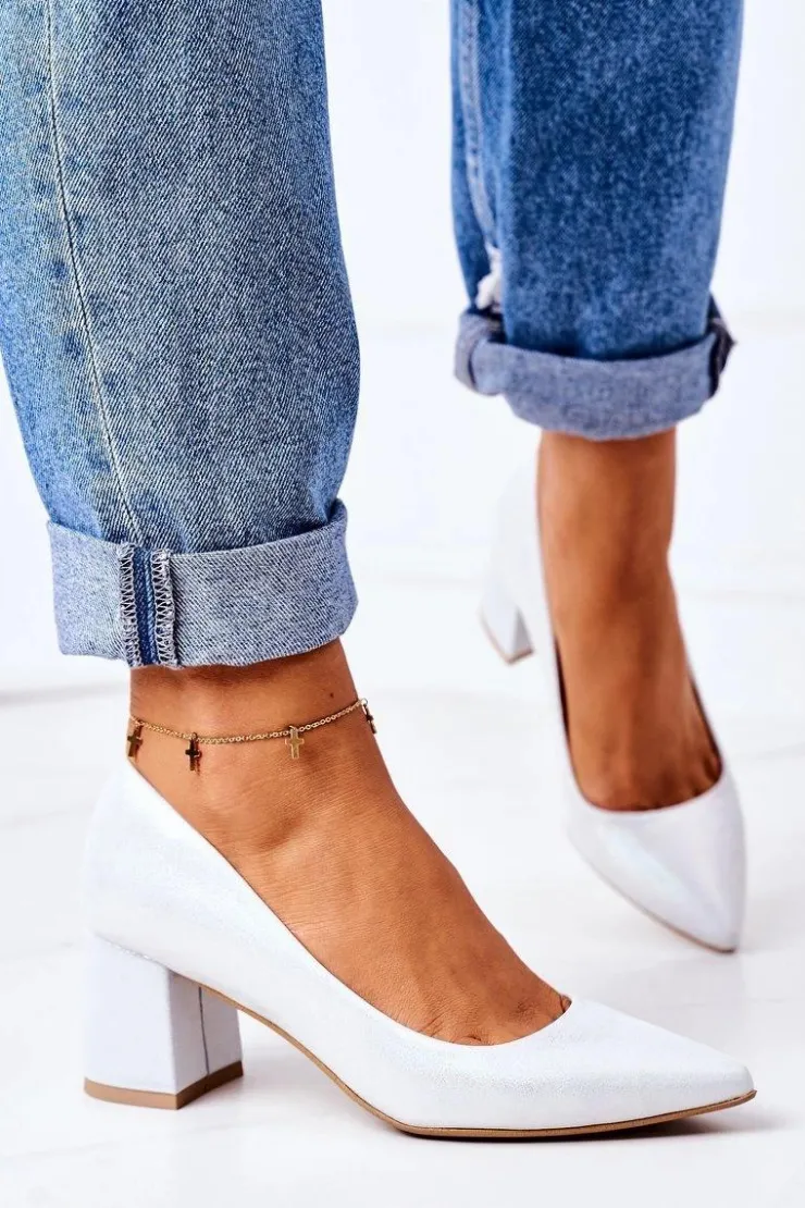 Boto Czółenka Na Słupku*Satynowe Czółenka Lewski Shoes 2801 Srebrne