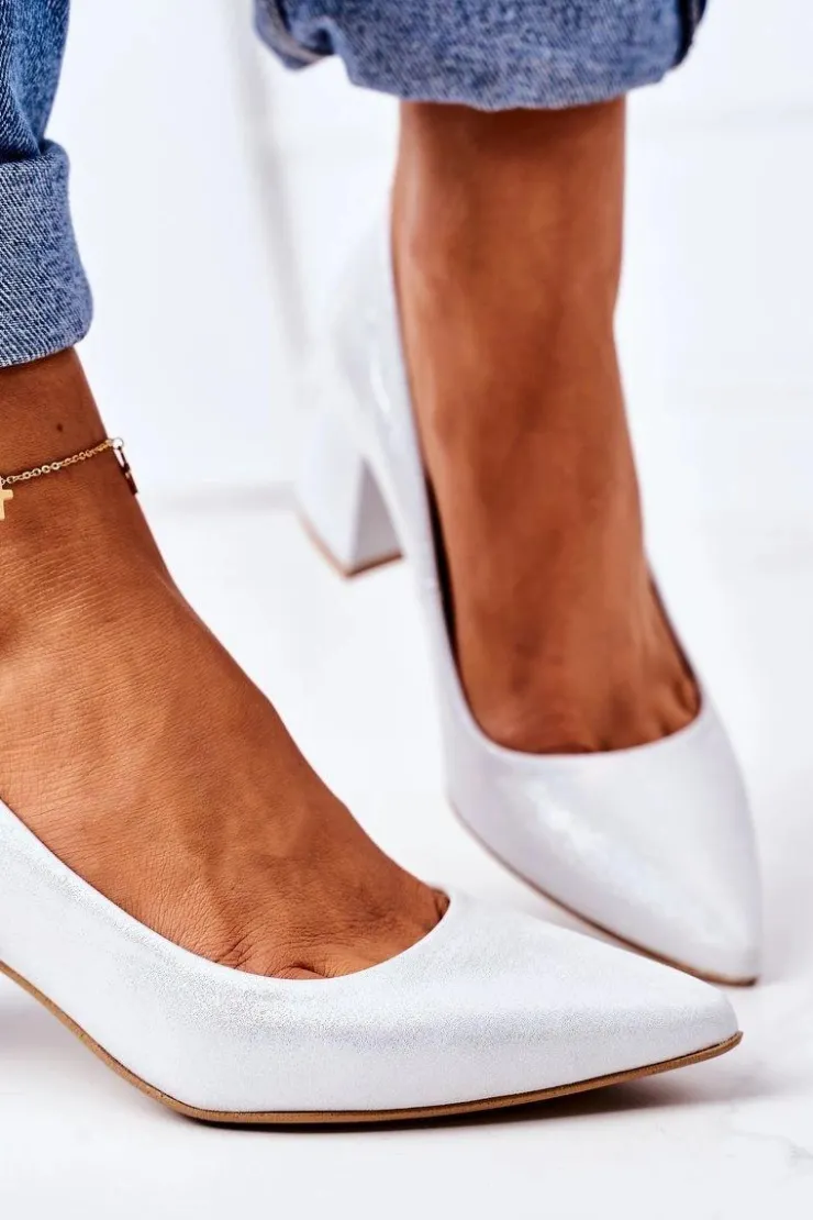 Boto Czółenka Na Słupku*Satynowe Czółenka Lewski Shoes 2801 Srebrne