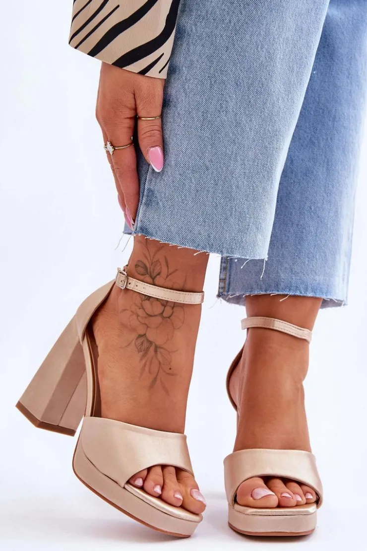 Damskie Boto Satynowe Sandałki Na Masywnym Obcasie Beżowe Eternity