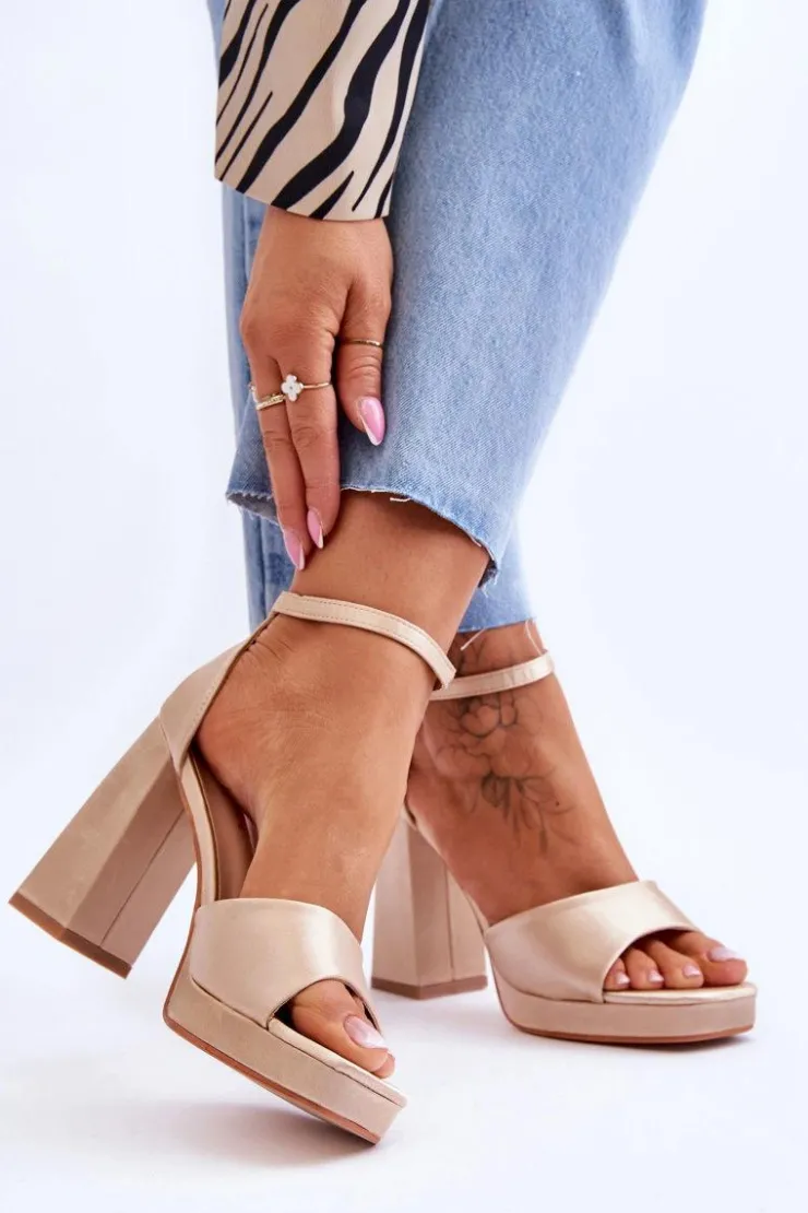 Damskie Boto Satynowe Sandałki Na Masywnym Obcasie Beżowe Eternity