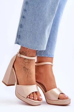 Damskie Boto Satynowe Sandałki Na Masywnym Obcasie Beżowe Eternity