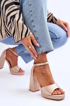 Damskie Boto Satynowe Sandałki Na Masywnym Obcasie Beżowe Eternity