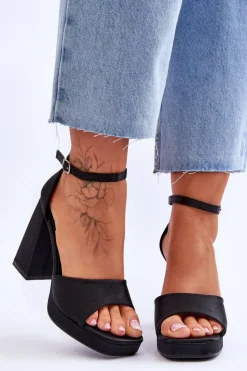 Damskie Boto Satynowe Sandałki Na Masywnym Obcasie Czarne Eternity