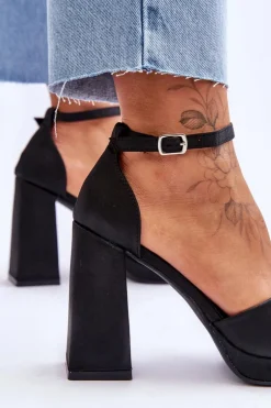 Damskie Boto Satynowe Sandałki Na Masywnym Obcasie Czarne Eternity