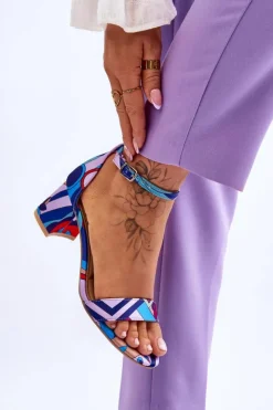 Damskie Boto Satynowe Sandały Na Niskim Obcasie We Wzory Fioletowo-Niebieskie Quincy