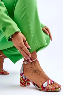 Boto Sandały Na Obcasie*Satynowe Sandały Na Niskim Obcasie We Wzory Beżowo-Niebieskie Quincy