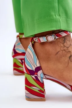 Boto Sandały Na Obcasie*Satynowe Sandały Na Niskim Obcasie We Wzory Beżowo-Niebieskie Quincy