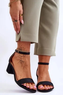 Damskie Boto Satynowe Sandały Na Niskim Obcasie Czarne Juliet