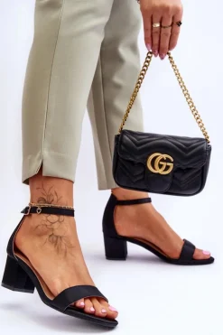 Damskie Boto Satynowe Sandały Na Niskim Obcasie Czarne Juliet