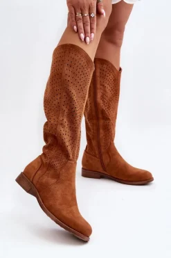 Damskie buty S.Barski Kozaki Wiosenne|Kozaki Ażurowe*S.Barski HY66-150 Ażurowe Kozaki Na Płaskim Obcasie Camel