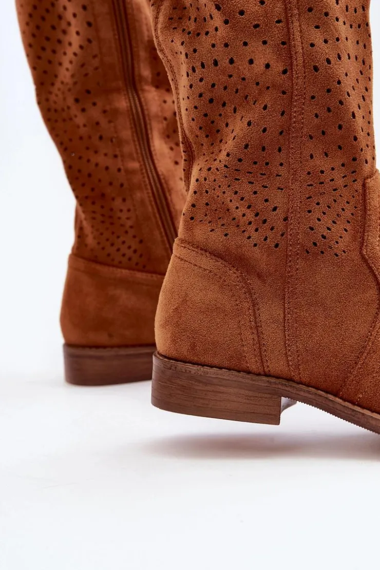 Damskie buty S.Barski Kozaki Wiosenne|Kozaki Ażurowe*S.Barski HY66-150 Ażurowe Kozaki Na Płaskim Obcasie Camel