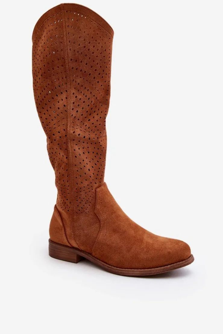 Damskie buty S.Barski Kozaki Wiosenne|Kozaki Ażurowe*S.Barski HY66-150 Ażurowe Kozaki Na Płaskim Obcasie Camel