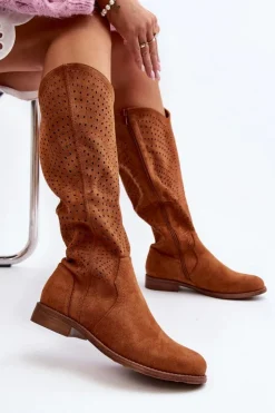 Damskie buty S.Barski Kozaki Wiosenne|Kozaki Ażurowe*S.Barski HY66-150 Ażurowe Kozaki Na Płaskim Obcasie Camel