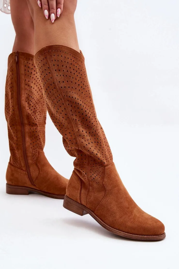 Damskie buty S.Barski Kozaki Wiosenne|Kozaki Ażurowe*S.Barski HY66-150 Ażurowe Kozaki Na Płaskim Obcasie Camel