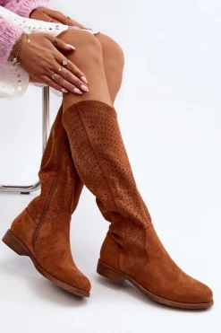 Damskie buty S.Barski Kozaki Wiosenne|Kozaki Ażurowe*S.Barski HY66-150 Ażurowe Kozaki Na Płaskim Obcasie Camel