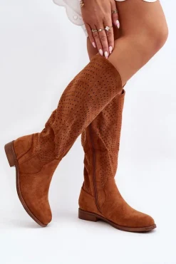 Damskie buty S.Barski Kozaki Wiosenne|Kozaki Ażurowe*S.Barski HY66-150 Ażurowe Kozaki Na Płaskim Obcasie Camel