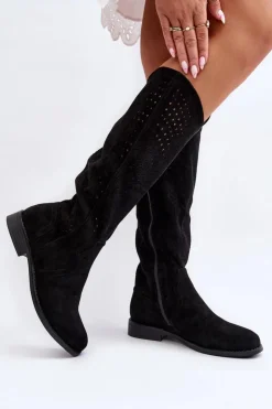 Damskie Damskie buty S.Barski S.Barski HY66-150 Ażurowe Kozaki Na Płaskim Obcasie Czarne