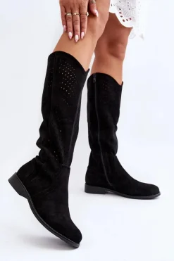 Damskie Damskie buty S.Barski S.Barski HY66-150 Ażurowe Kozaki Na Płaskim Obcasie Czarne