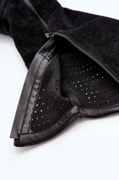 Damskie Damskie buty S.Barski S.Barski HY66-150 Ażurowe Kozaki Na Płaskim Obcasie Czarne