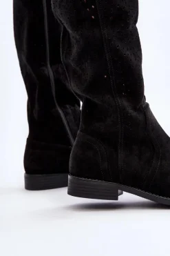 Damskie Damskie buty S.Barski S.Barski HY66-150 Ażurowe Kozaki Na Płaskim Obcasie Czarne