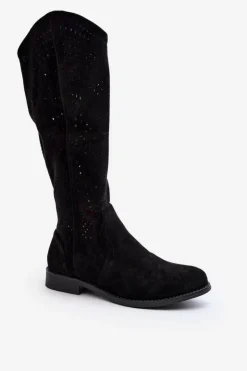 Damskie Damskie buty S.Barski S.Barski HY66-150 Ażurowe Kozaki Na Płaskim Obcasie Czarne