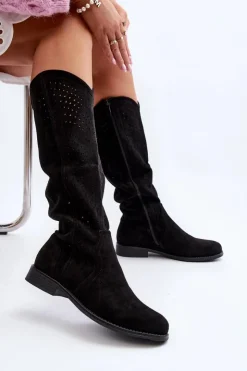 Damskie Damskie buty S.Barski S.Barski HY66-150 Ażurowe Kozaki Na Płaskim Obcasie Czarne