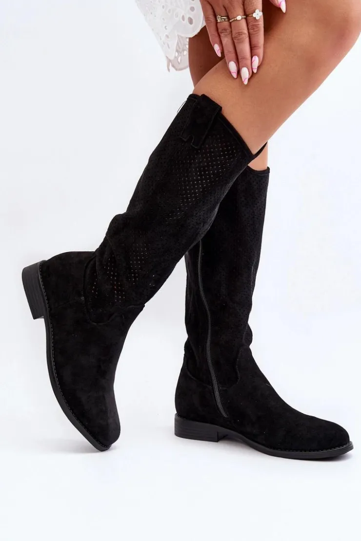 Damskie Damskie buty S.Barski S.Barski HY66-139 Ażurowe Kozaki Damskie Czarne