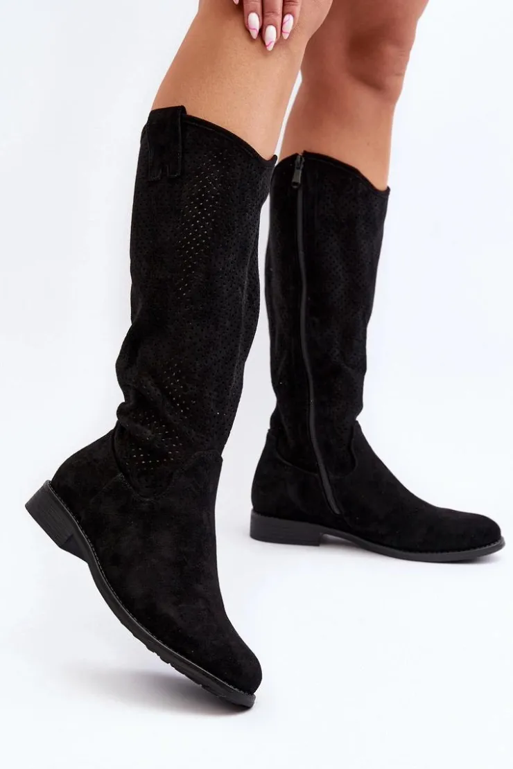 Damskie Damskie buty S.Barski S.Barski HY66-139 Ażurowe Kozaki Damskie Czarne