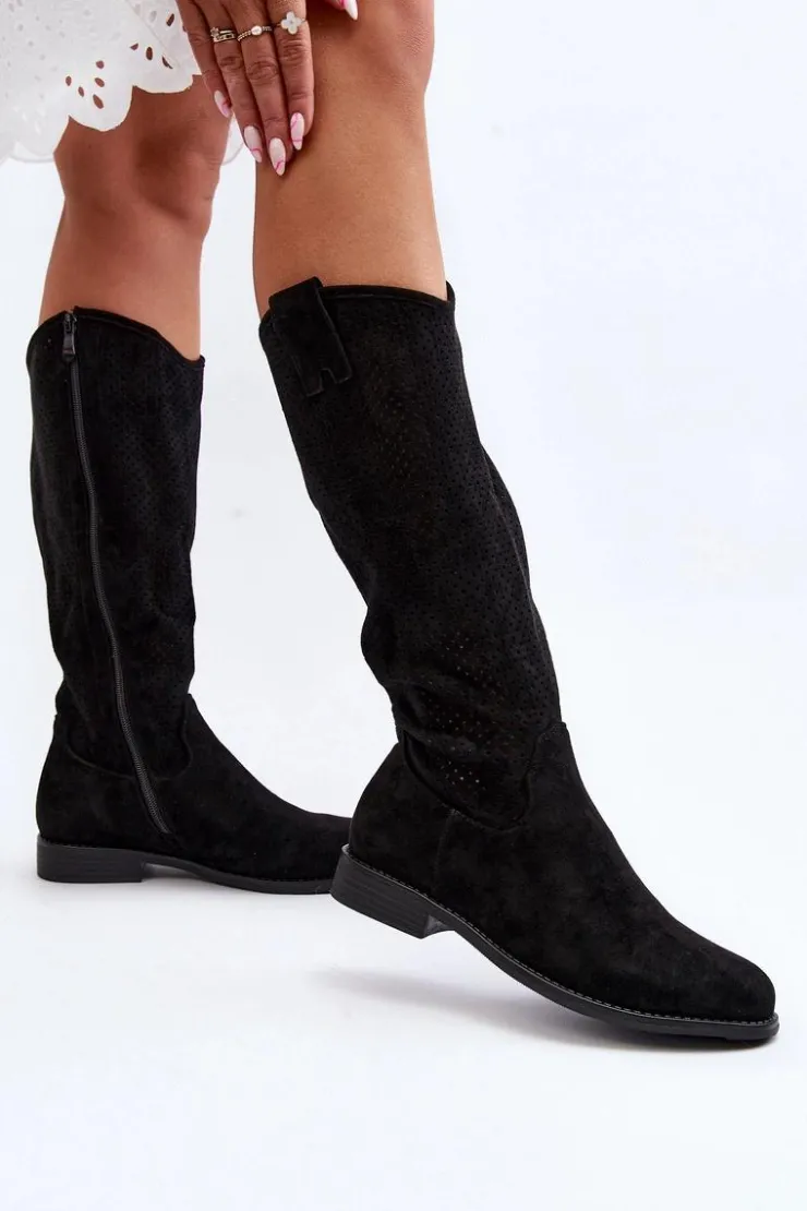 Damskie Damskie buty S.Barski S.Barski HY66-139 Ażurowe Kozaki Damskie Czarne