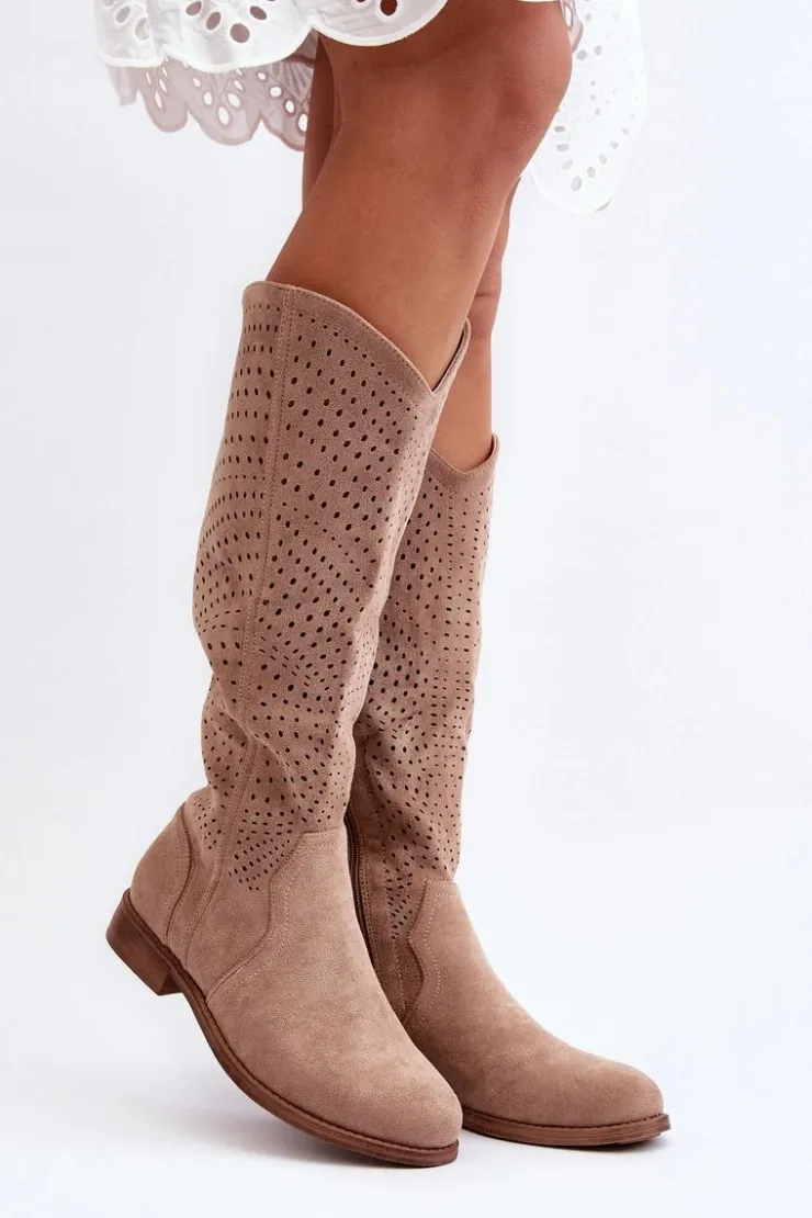 Outlet Damskie buty S.Barski S.Barski HY66-150 Ażurowe Kozaki Na Płaskim Obcasie Beżowe