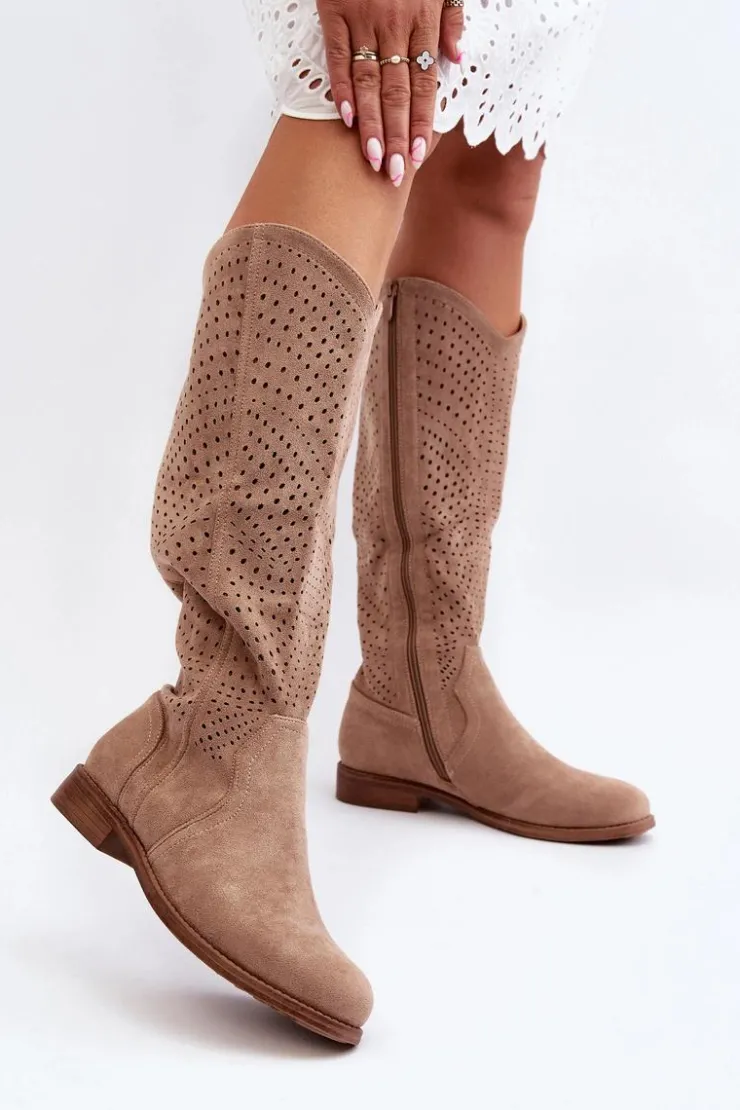 Outlet Damskie buty S.Barski S.Barski HY66-150 Ażurowe Kozaki Na Płaskim Obcasie Beżowe