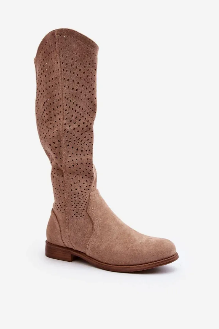 Outlet Damskie buty S.Barski S.Barski HY66-150 Ażurowe Kozaki Na Płaskim Obcasie Beżowe