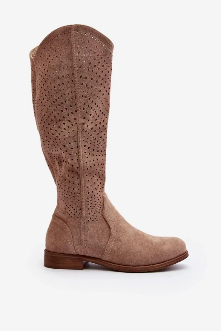 Outlet Damskie buty S.Barski S.Barski HY66-150 Ażurowe Kozaki Na Płaskim Obcasie Beżowe