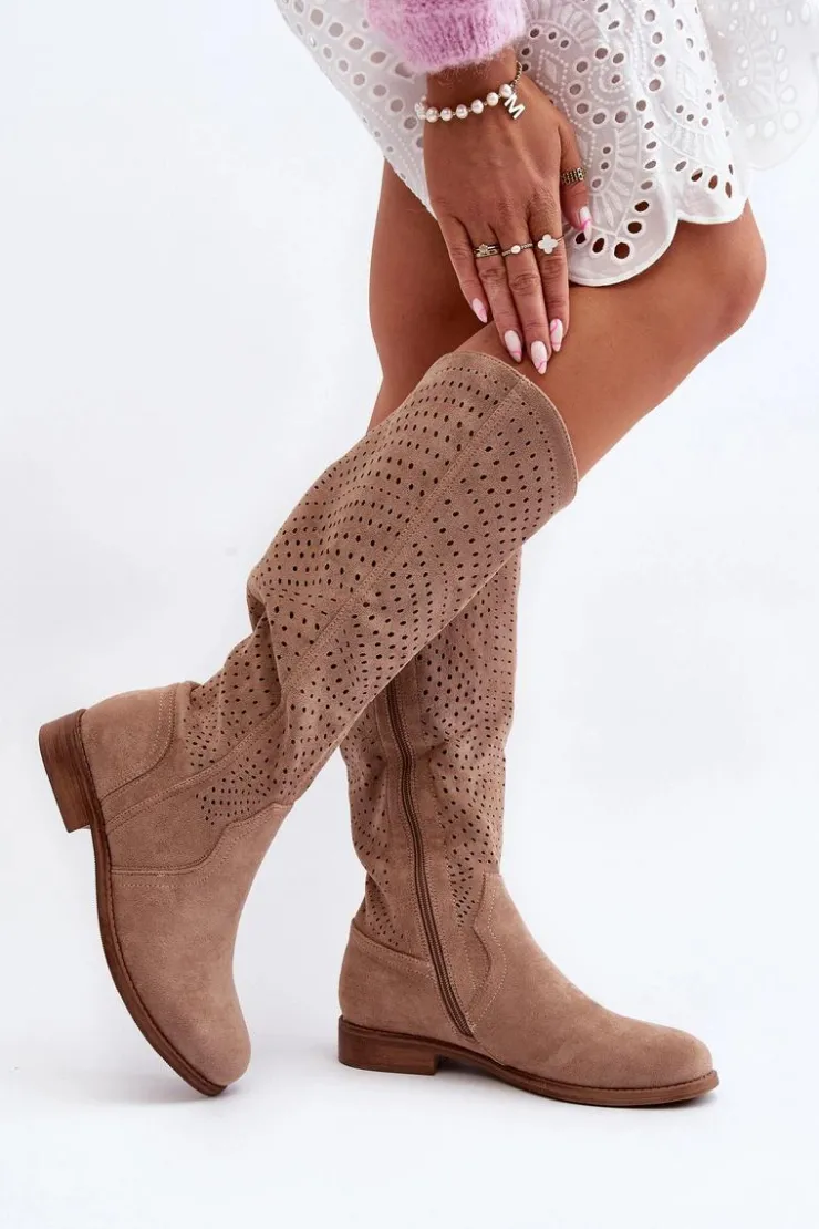 Outlet Damskie buty S.Barski S.Barski HY66-150 Ażurowe Kozaki Na Płaskim Obcasie Beżowe